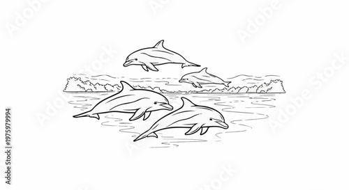 Four playful dolphins leap through the waves near a lush, tree-lined shore