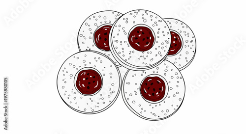 Five hand-drawn jam-filled cookies arranged in a loose cluster