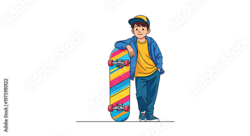 Young boy in a blue hoodie and yellow shirt leaning against a bright colorful skateboard with vibrant stripes on a white background.