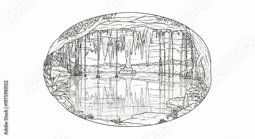 Elliptical cave interior with stalactites, stalagmites, and water reflection