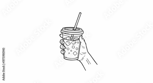 Hand holding a cup with ice cubes and a straw