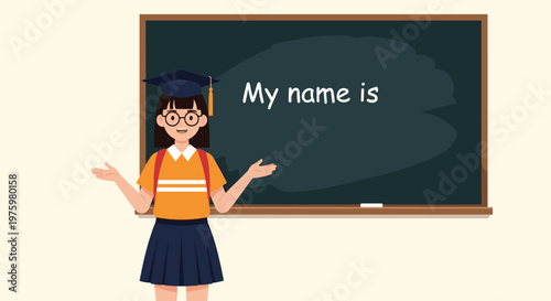 Diligent schoolgirl wearing glasses and a graduation cap standing in front of a green chalkboard in a classroom for a lesson.