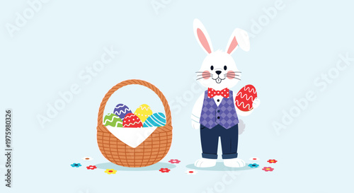 Elegant Easter bunny wearing a purple vest and red bowtie standing next to a wicker basket filled with colorful decorated eggs.