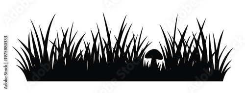 Black grass silhouette with wild mushroom, meadow lawn border vector, botanical garden landscape element for outdoor nature design