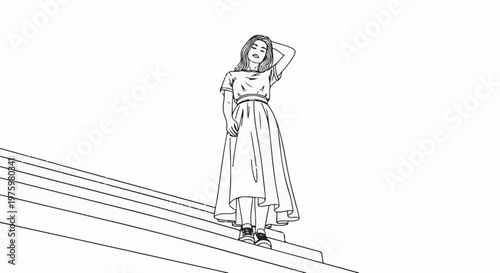 Elegant woman in long skirt and casual shoes stands on stairs, posing