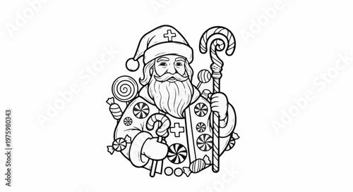 Festive character adorned with candies and holding a candy cane staff