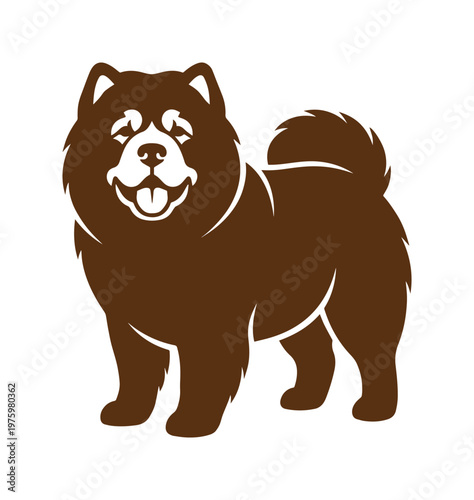 Chow Chow dog vector illustration, brown fluffy purebred dog silhouette, standing Chow Chow pet mascot logo, flat animal graphic for pet care branding