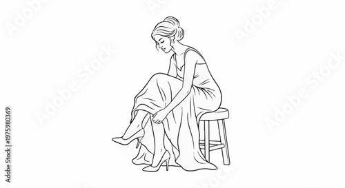 Elegant woman in long gown adjusts high heels on stool