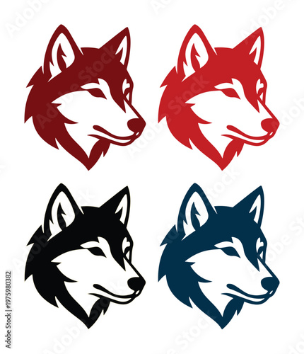 Wolf head mascot logo set, 4 vector icons of wild husky or timber wolf profiles, red and blue canine animal head graphics for sports branding