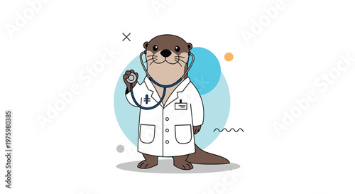 Friendly cartoon otter dressed as a professional doctor wearing a white lab coat and holding a stethoscope in a clinical setting.