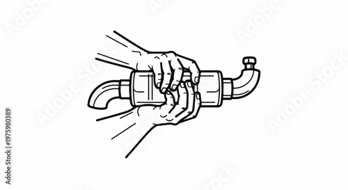 Hands assembling or holding a cylindrical component with pipes attached