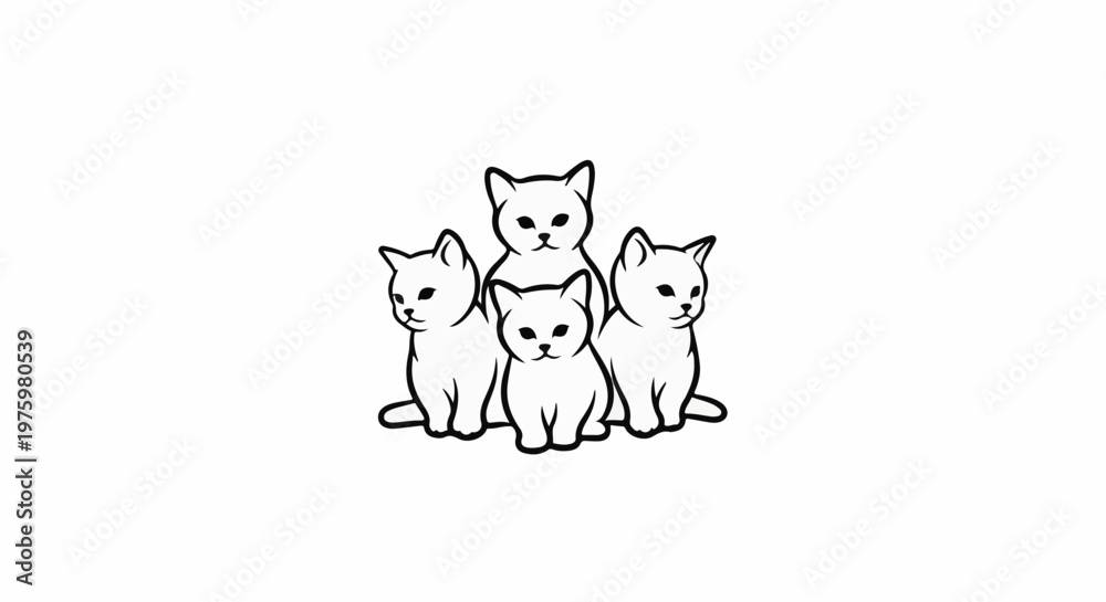 Fototapeta premium Four stylized cartoon kittens with simple black outlines on white