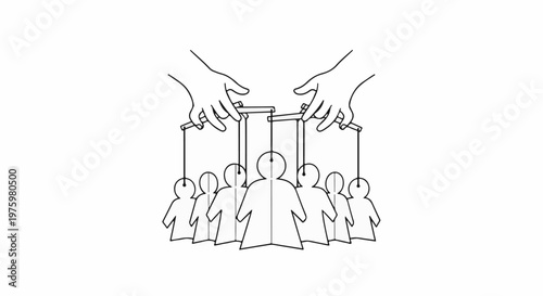 Hands controlling people figures like puppets on strings in a line