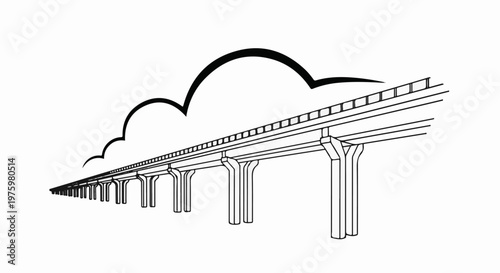 Elevated transport structure receding into distance, stylized clouds above
