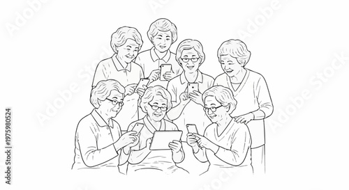 Group of smiling elderly women looking at their phones and tablets