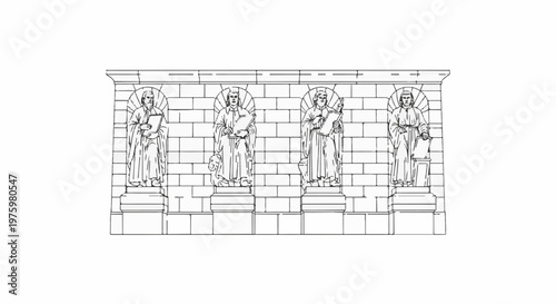 Four stone statues of robed figures holding books against a brick wall