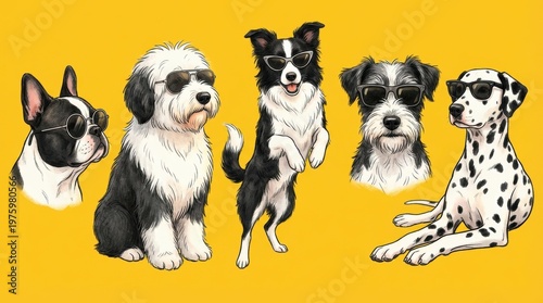 A group of cool dogs wearing sunglasses on a bright yellow background