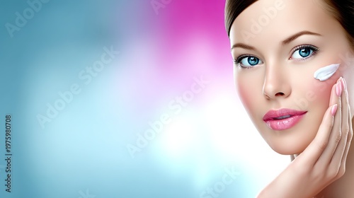 Radiant Skin Ritual: A close-up view captures a woman's graceful hands as she applies a gentle moisturizer to her flawless complexion. This image embodies skincare, health, and beauty.