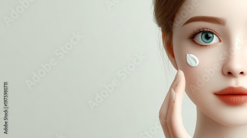 Radiant Beauty: A close-up of a youthful female applying moisturizing cream to her face, promoting skincare and self-care.