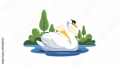 Elegant swan gracefully glides on calm water surrounded by lush greenery