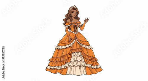 Elegant princess in a voluminous ruffled orange ballgown with a tiara