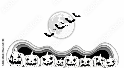 Halloween scene with carved pumpkins and flying bats against a full moon