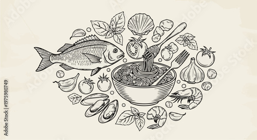 Fresh seafood, pasta, tomatoes, garlic, basil, and shellfish illustration