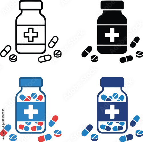 Prescription medicine bottle and capsules vector illustration.