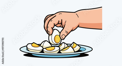 Hand arranging halved hard-boiled eggs on a blue plate