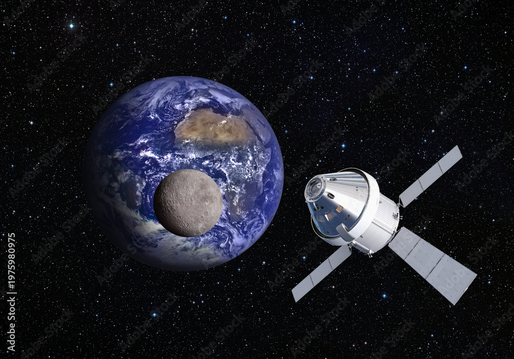 Fototapeta premium Orion spacecraft flight in space on orbit of moon. 