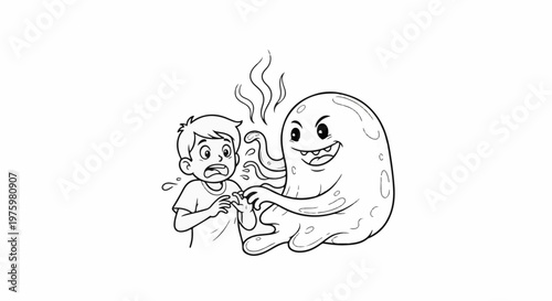 Frightened boy recoils as a cartoon monster reaches out with tentacles