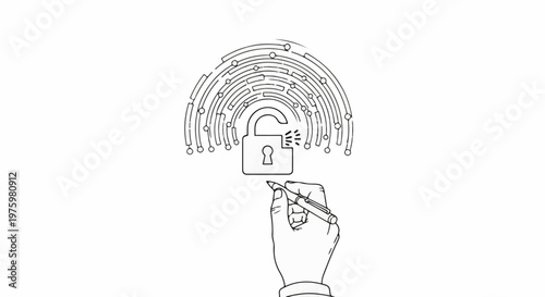 Hand drawing an unlocked padlock with digital waves emanating upwards
