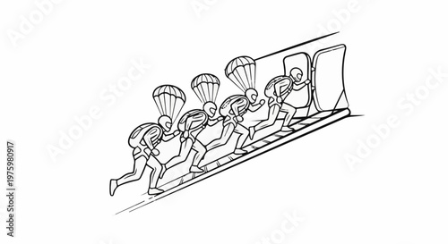 Five skydivers in full gear run from an open aircraft door