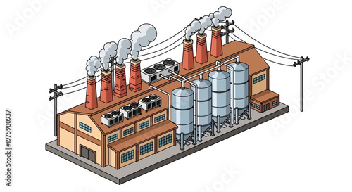 Industrial factory with smokestacks and silos, depicting manufacturing and production processes in a commercial setting