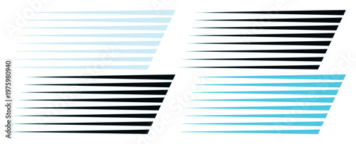 Dynamic speed lines vector set, fast motion effect graphic elements, black and blue comic style racing stripes for sports design