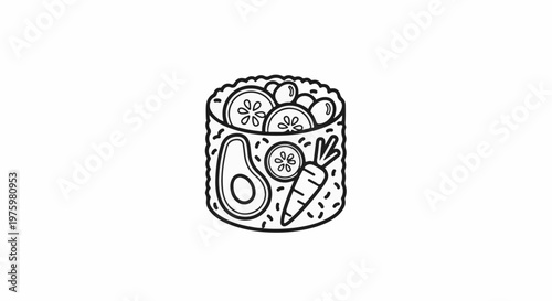 Hand drawn outline of a sushi roll filled with fresh ingredients