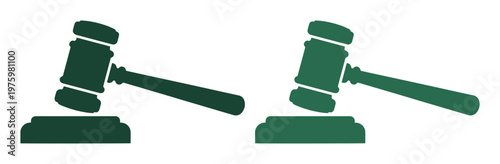 Judge gavel and sound block icons in dark green, legal hammer vector set for justice and law, professional courtroom auctioneer mallet symbols
