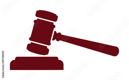 Judicial gavel and sound block vector icon, dark red judge hammer silhouette, legal system and law authority symbol for courtroom justice