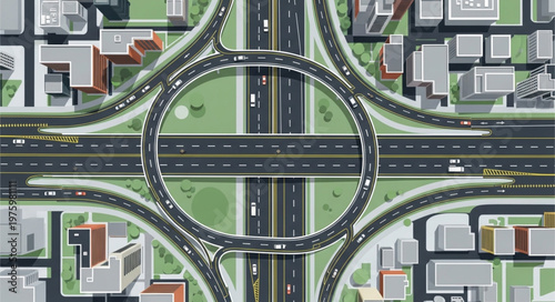 Aerial View of a Traffic Roundabout in a City.