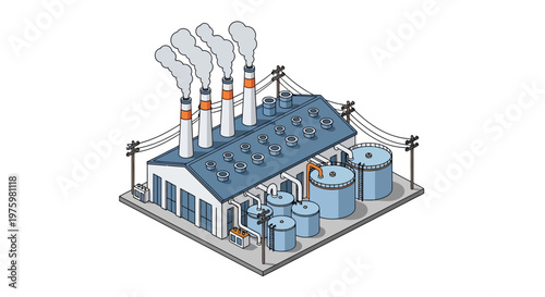 Isometric Vector Illustration of an Industrial Factory Building with Smoking Chimneys and Storage Tanks Representing Manufacturing and Energy Production