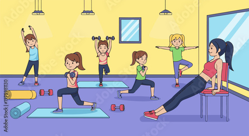 Five women exercising in a bright, colorful fitness studio with equipment