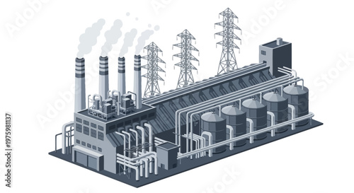Isometric illustration of an industrial power plant or factory, complete with smoking chimneys, storage tanks, and power lines, representing heavy industry