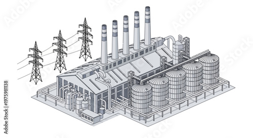 Industrial power plant with tall smokestacks and large storage tanks, connected to the electrical grid via transmission towers