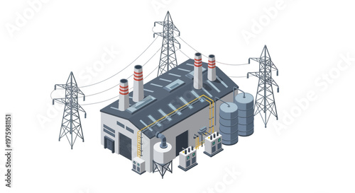 Industrial power plant with electricity transmission towers and equipment, representing energy generation and distribution