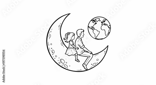 Father and daughter sit on a crescent moon, gazing at the Earth
