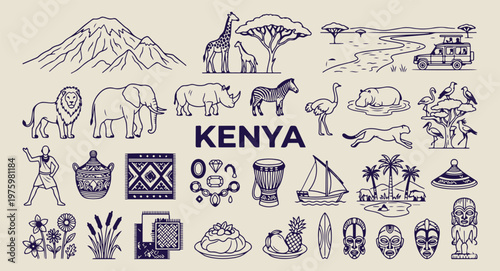 kenya safari and wildlife sketches, hand drawn nairobi landmarks, aesthetic kenyan culture doodles, creative kenya tourism line art, minimal african safari icons, scrapbook kenya travel elements, keny