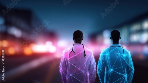 Digital Doctors: A forward-thinking, artistic image showcasing two doctors walking towards an illuminated city with digital effects, illustrating medical innovation and progress.