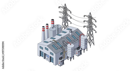 Industrial power plant generating electricity with towering transmission lines and multiple chimneys