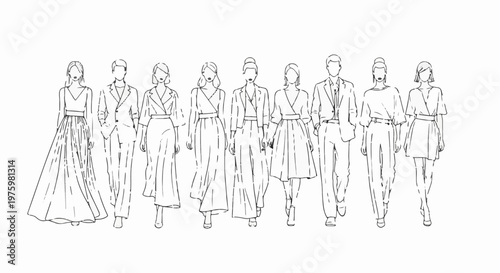 Fashion illustration of diverse models presenting elegant outfits, drawn with textured strokes