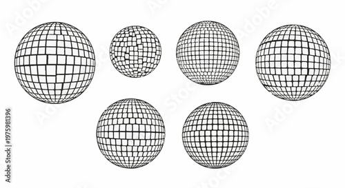 Group of six disco balls in monochrome, rendered with grid lines